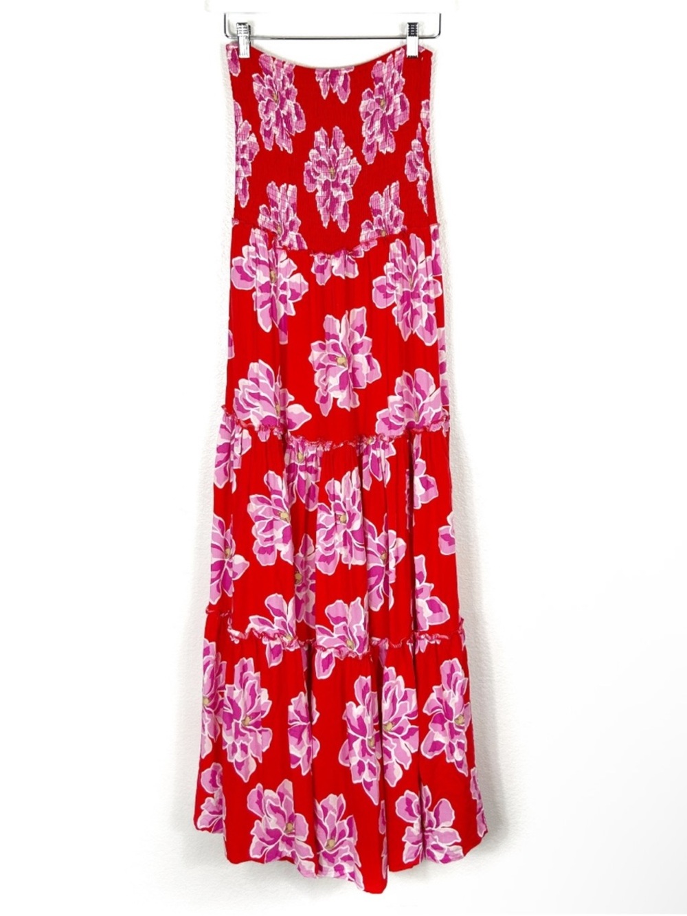 Anthro Abel The Label floral Maci strapless smocked dress romantic boho beach L